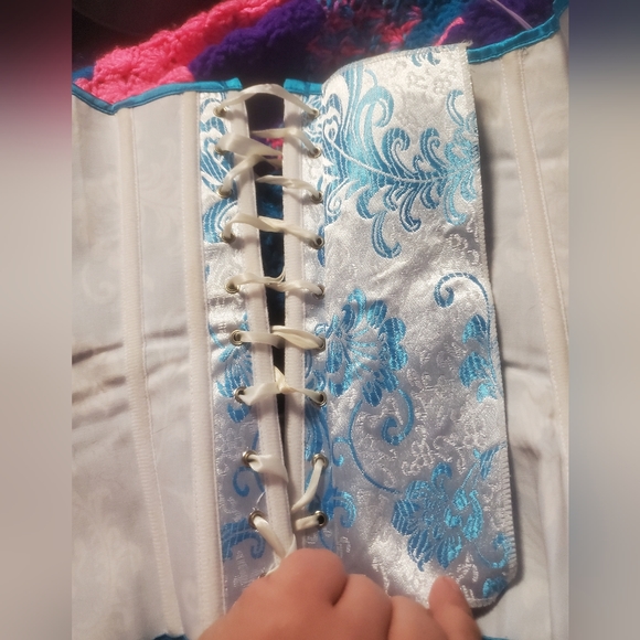 White and Blue Shiney Over Bust Lace Up Corset - Picture 9 of 13